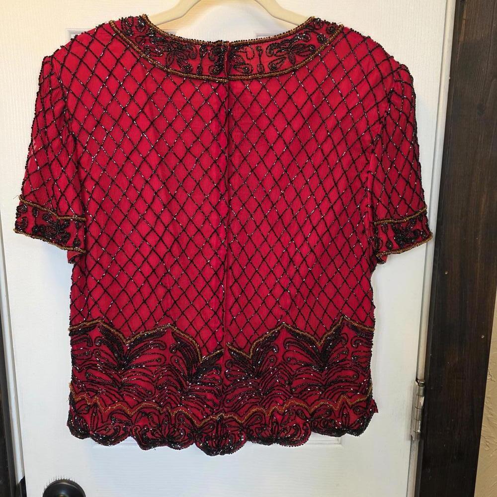 Papell Boutique Evening Beaded Silk Top in Red & Black- Size XL - Picture 4 of 8